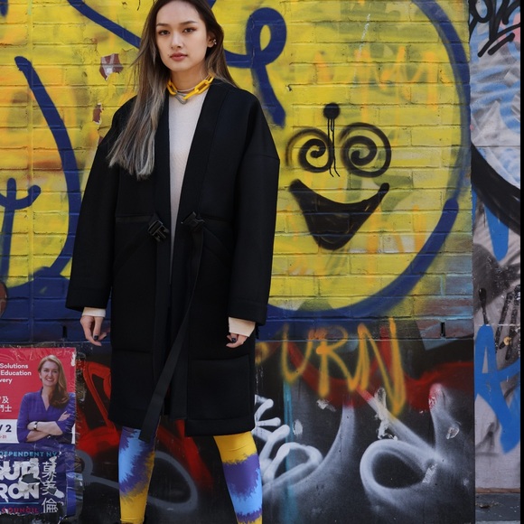 HEEDEN Black Mesh Buckle Robe Coat - Picture 2 of 4